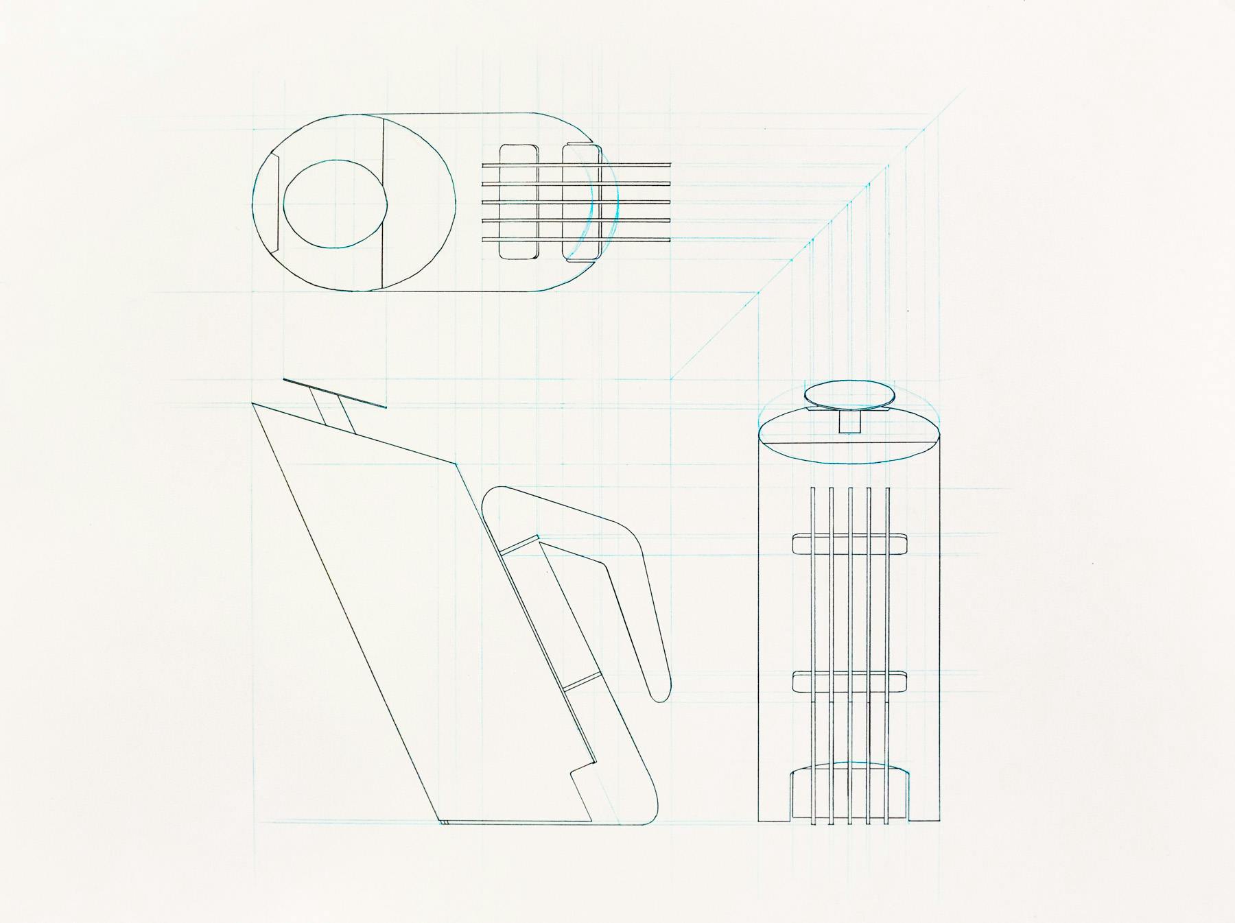 Orthographic drawing of the chosen french press design. The press is slanted at a 115-degree angle, giving it a sense of movement without compromising balance.