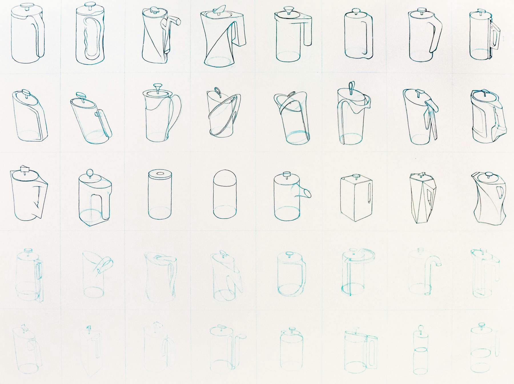 40 thumbnail sketches of possible french press forms. These range from rather minimal cylinders to eccentric sculptural forms.