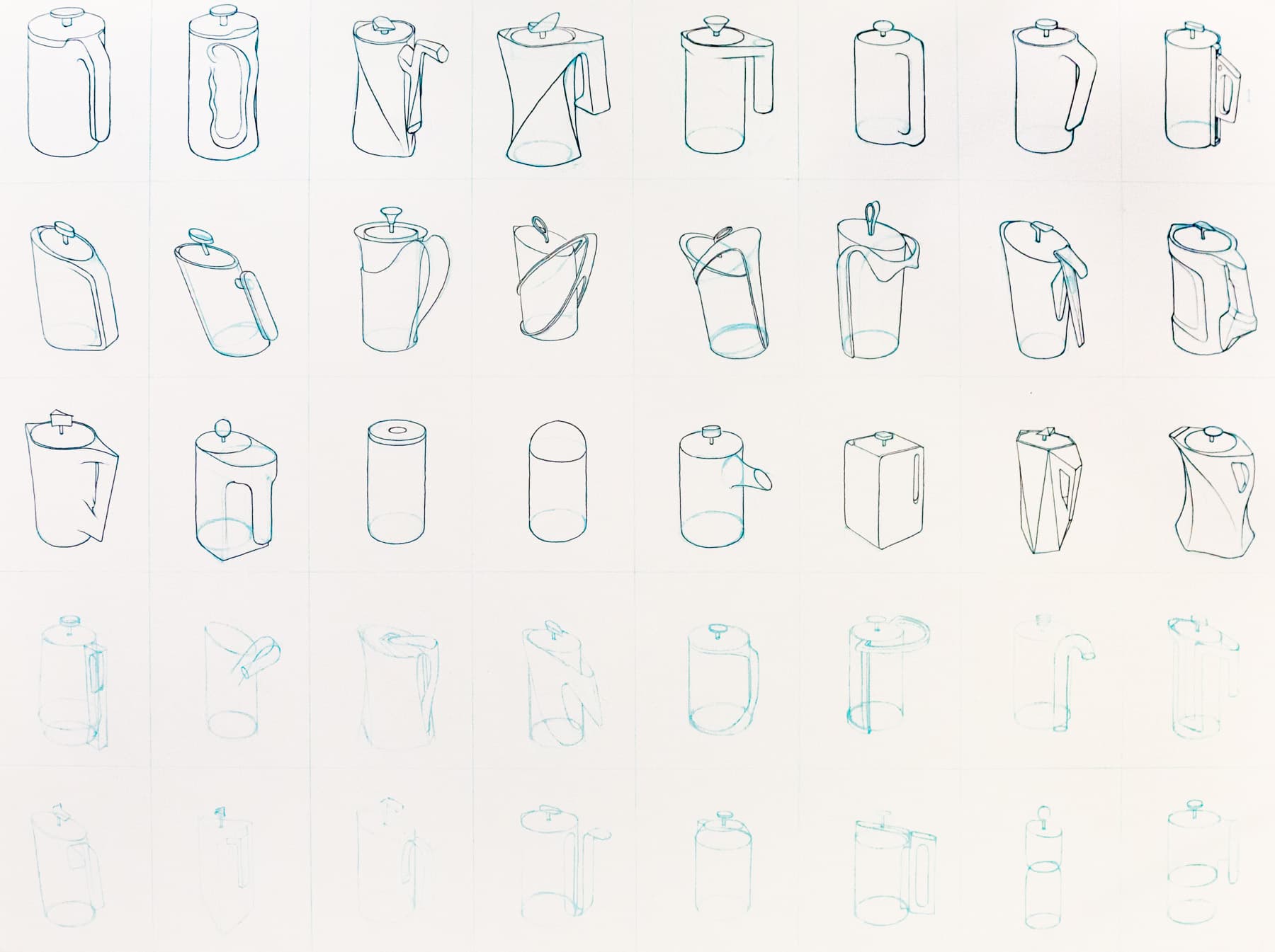 40 thumbnail sketches of possible french press forms. These range from rather minimal cylinders to eccentric sculptural forms.