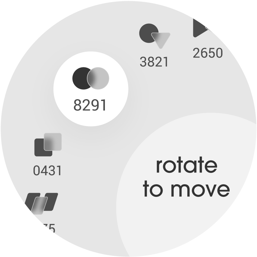 The card reordering interface shows all cards in a partially visible circle with the selected card highlighted with a white circle and the hint “rotate to move” next to it.