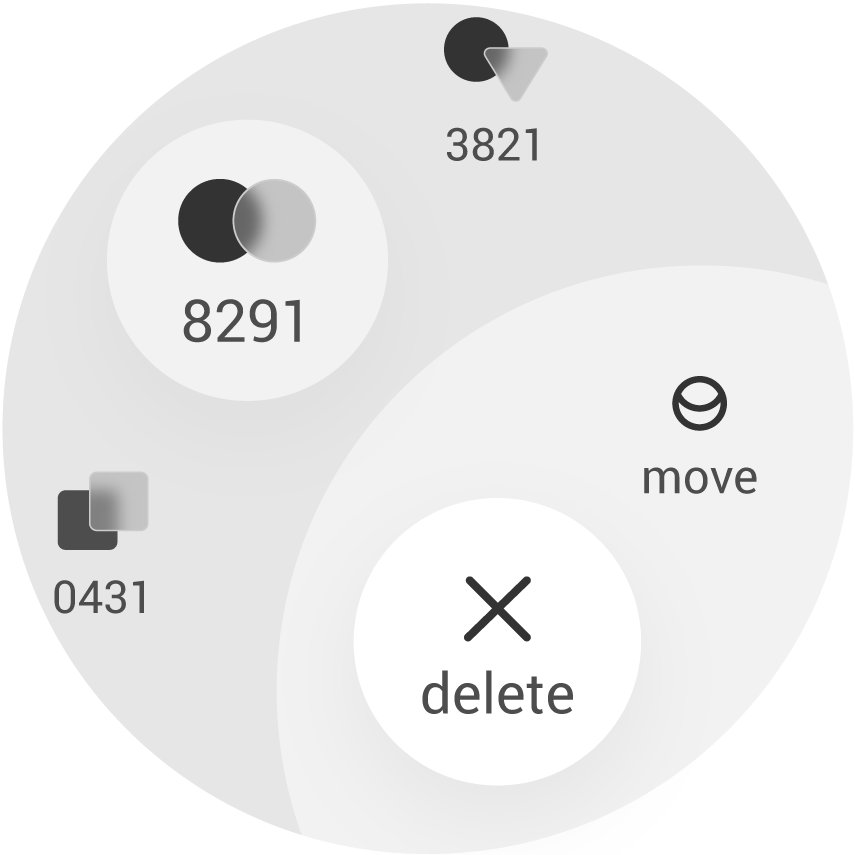 The card options menu with a delete and move button. The corresponding card is highlighted with a white circle.