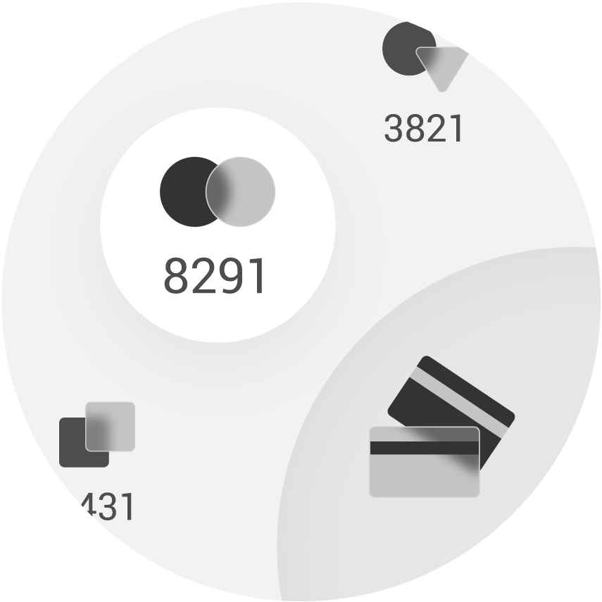The card selection page displays credit and debit cards the user has stored on the device. Each card is represented by a user-defined icon and the card number’s last four digits. All cards are arranged in a partially visible circle that the user scrolls through by turning the surrounding dial.