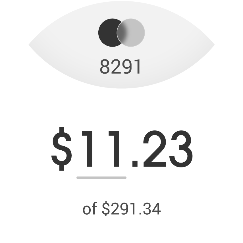 The payment input page displays the card details in the upper half and the amount that will be paid right below. The total balance is shown in smaller text at the very bottom.