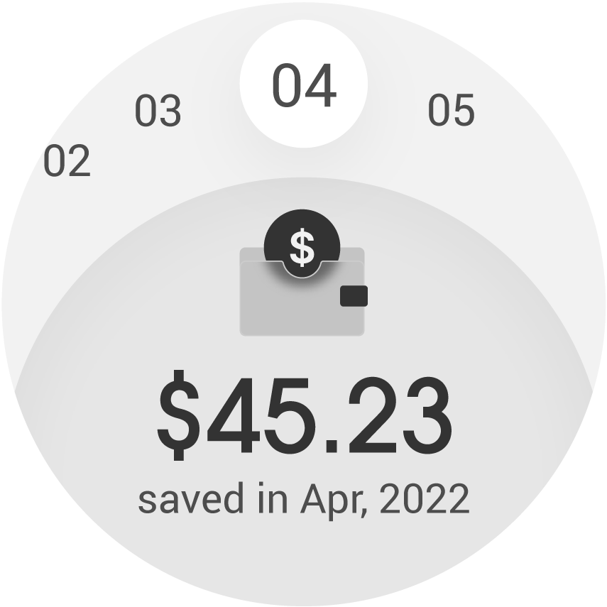 The savings page displays the amount saved each month. Users can view different months using the scrollable top section.