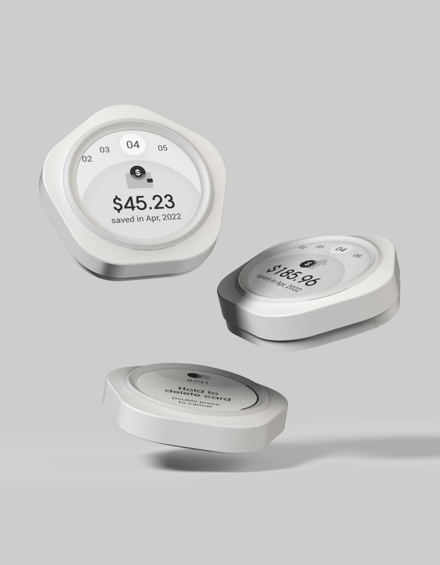 Three Budgetty devices floating in mid-air, each displaying a different interface.