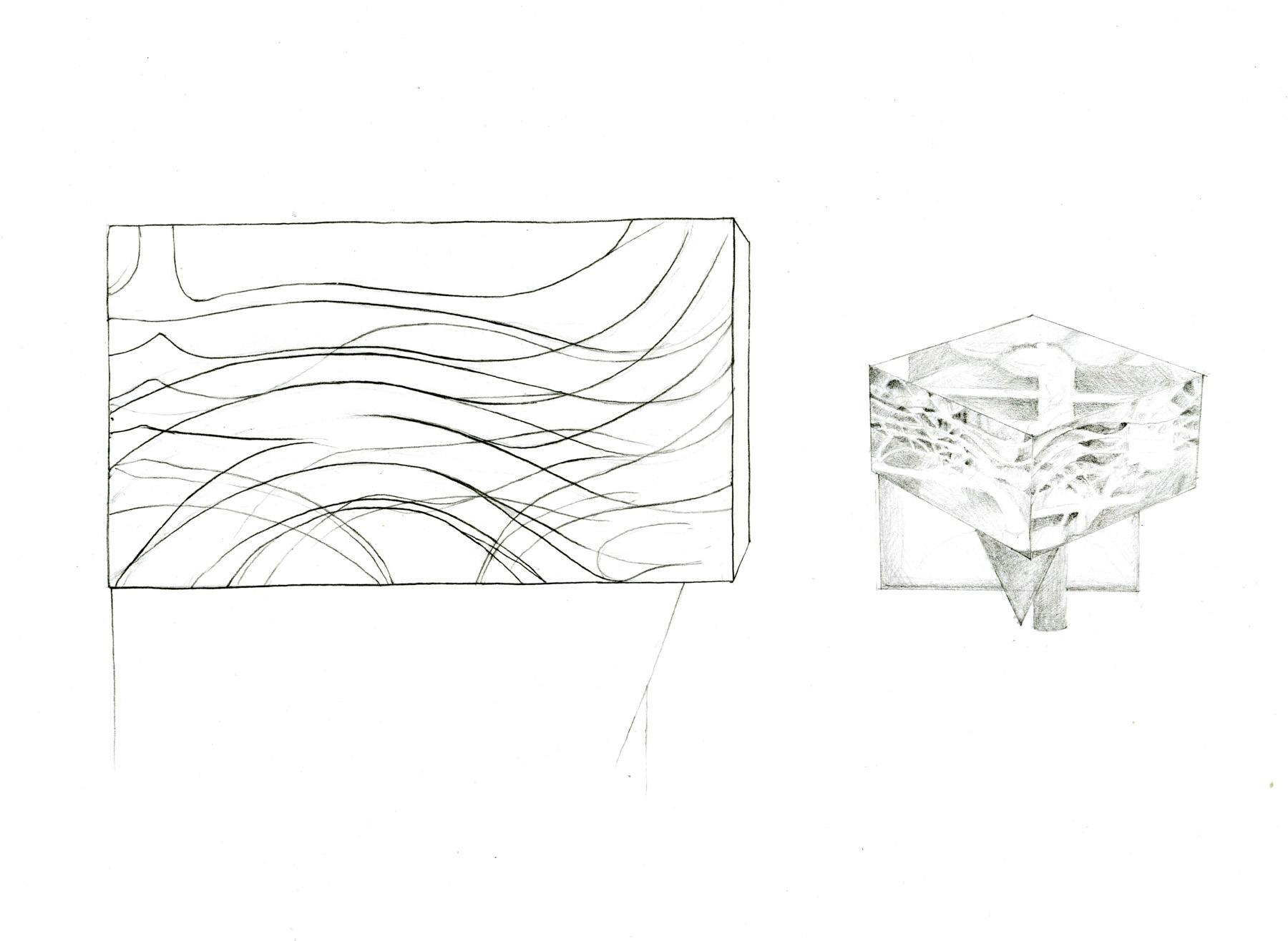 Line drawing of Steven Weinberg’s untitled glass statue next to a fully shaded render.