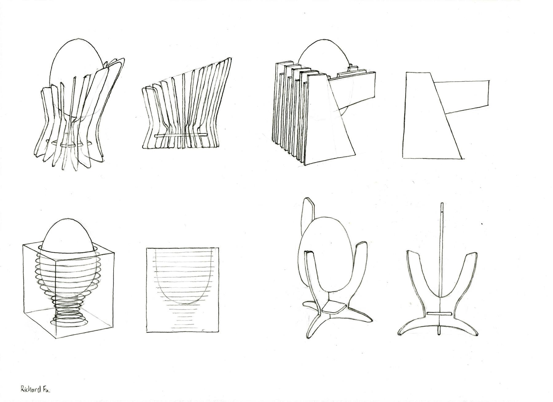 Concept sketches of EggHolders 1 through 4. One is a fin loft cylinder; two consists of a fin loft trapezoid cantilevered on top of another; three is a glass cube made of stacked sheets with engravings; four is a tripod that matches the curvature of the egg. 
