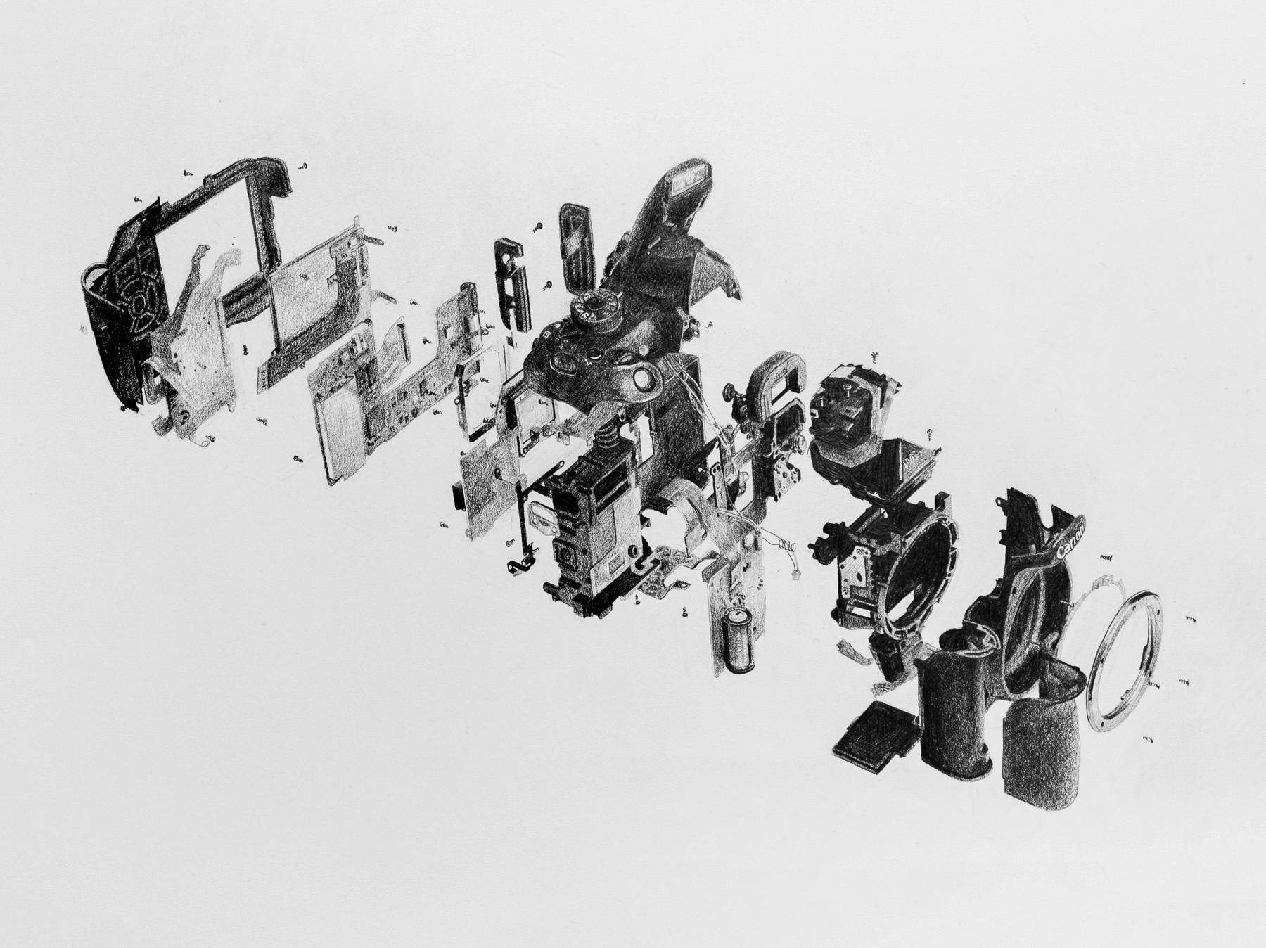 A shaded graphite render of an exploded Canon camera. Everything from the PCBs to the mirror box is visible.