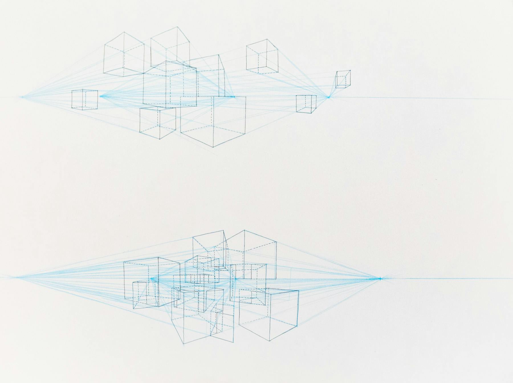 Sketch of cubes in two-point perspective messily colliding into each other.