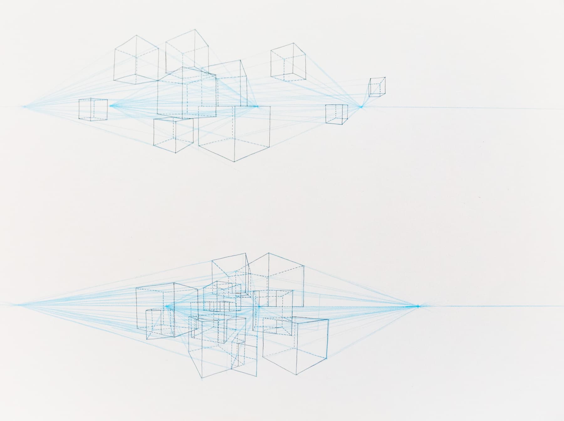 Sketch of cubes in two-point perspective messily colliding into each other.