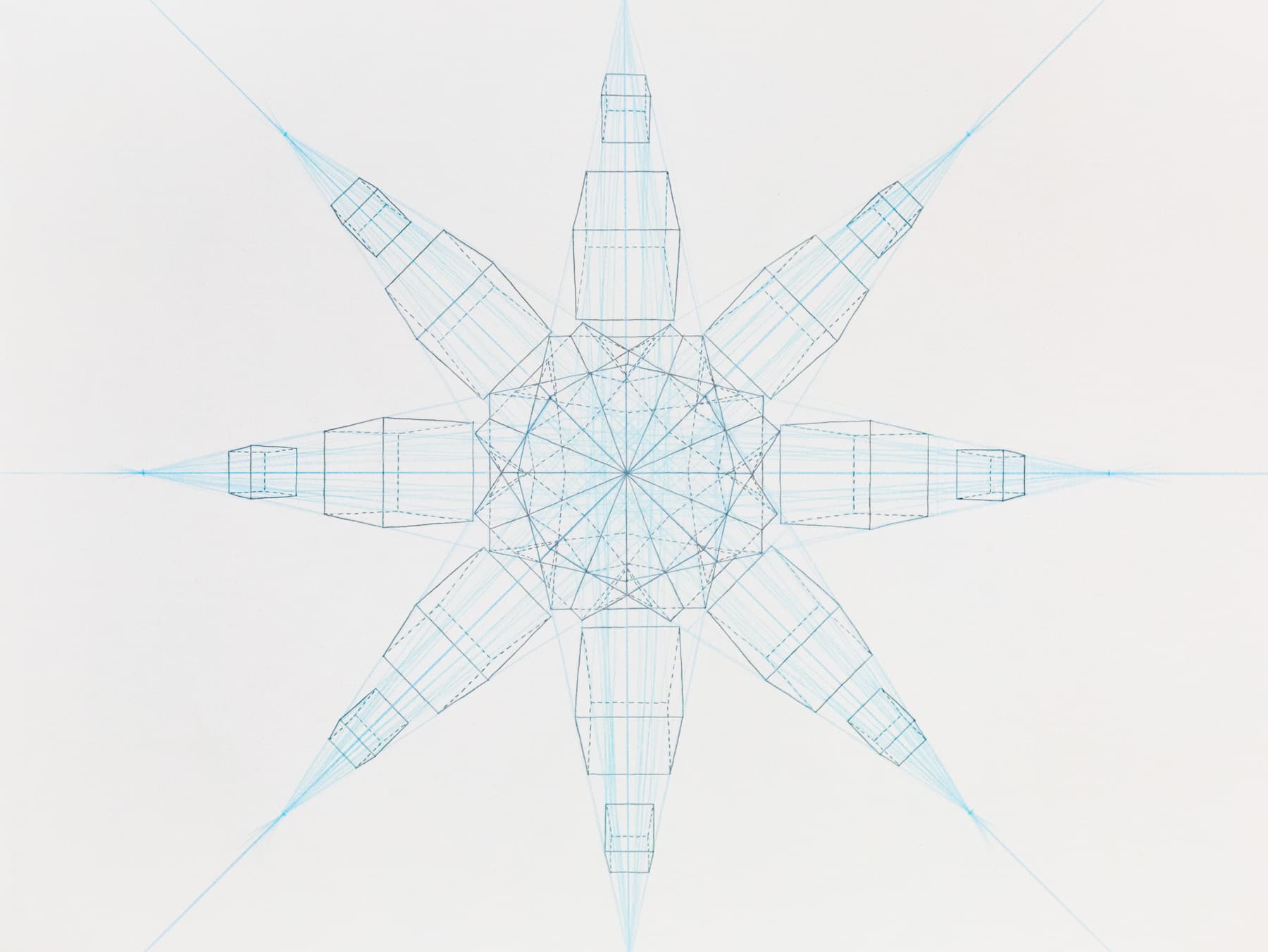 Sketch of cubes in two-point perspective on four different horizon lines, forming a circular pattern that’s busiest in the center.