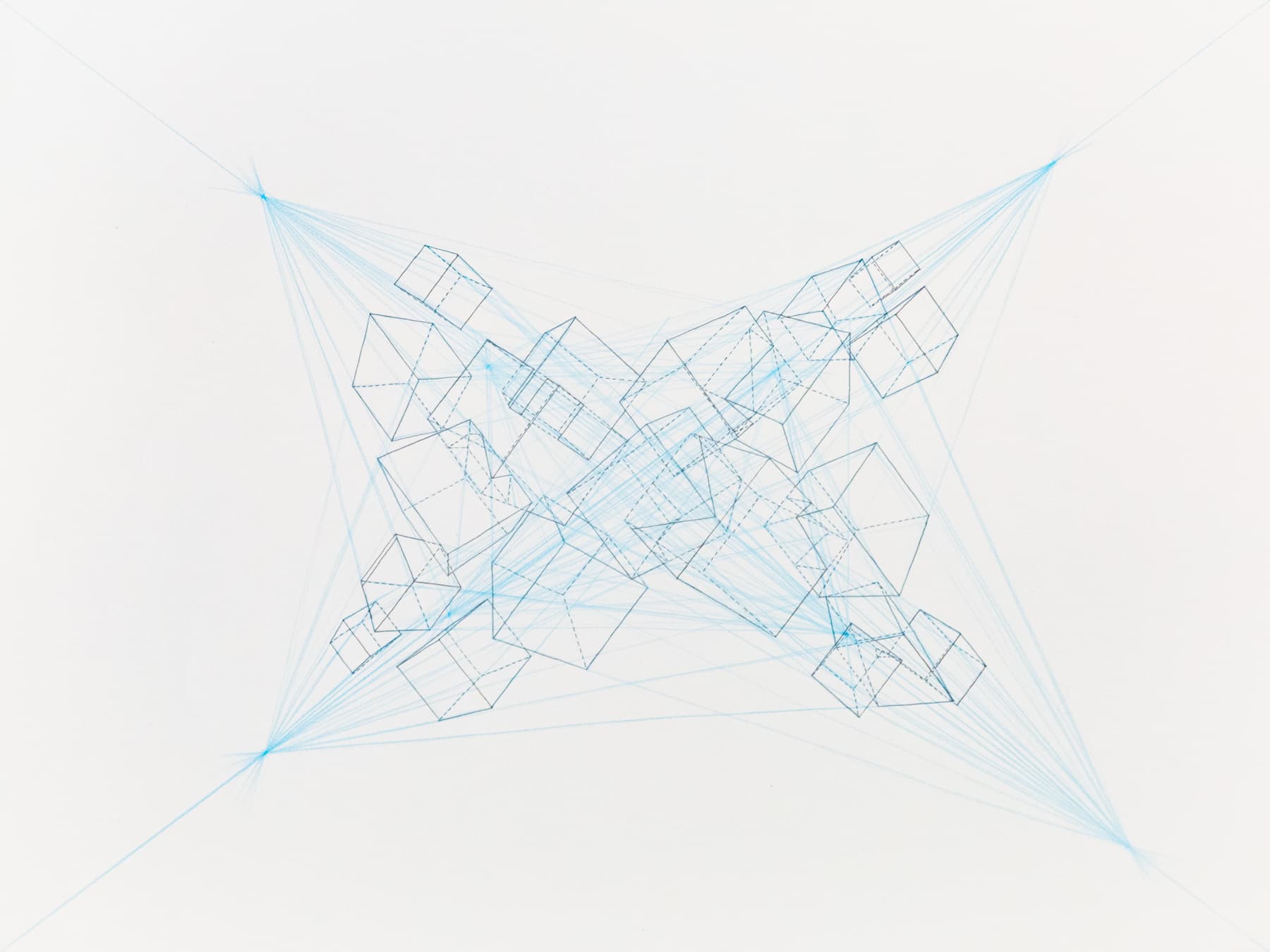 Sketch of cubes in two-point perspective on two different horizon lines, glitching into each other and becoming a complete mess.