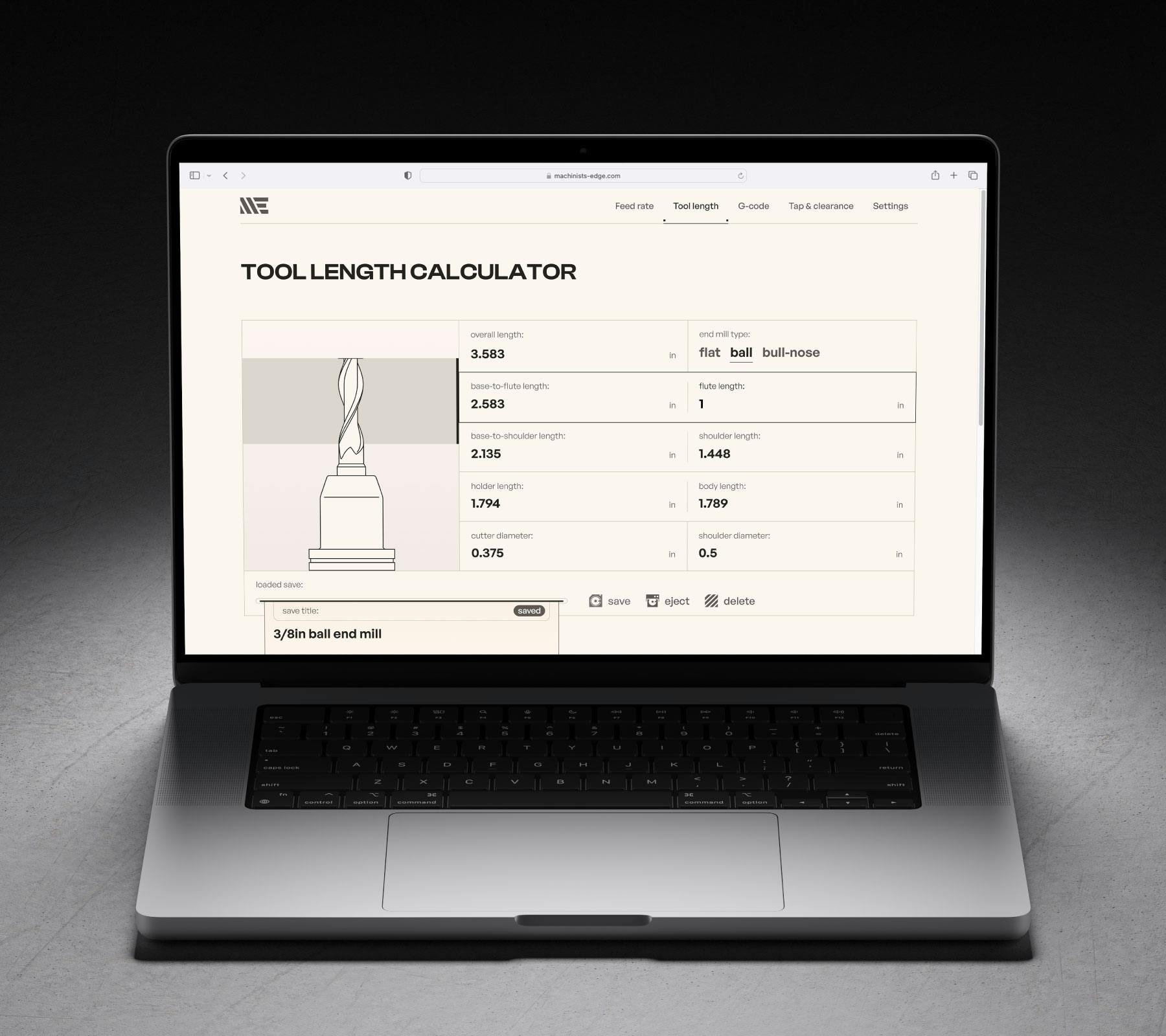 The tool length calculator page displayed on a MacBook Pro 16 in light mode.
