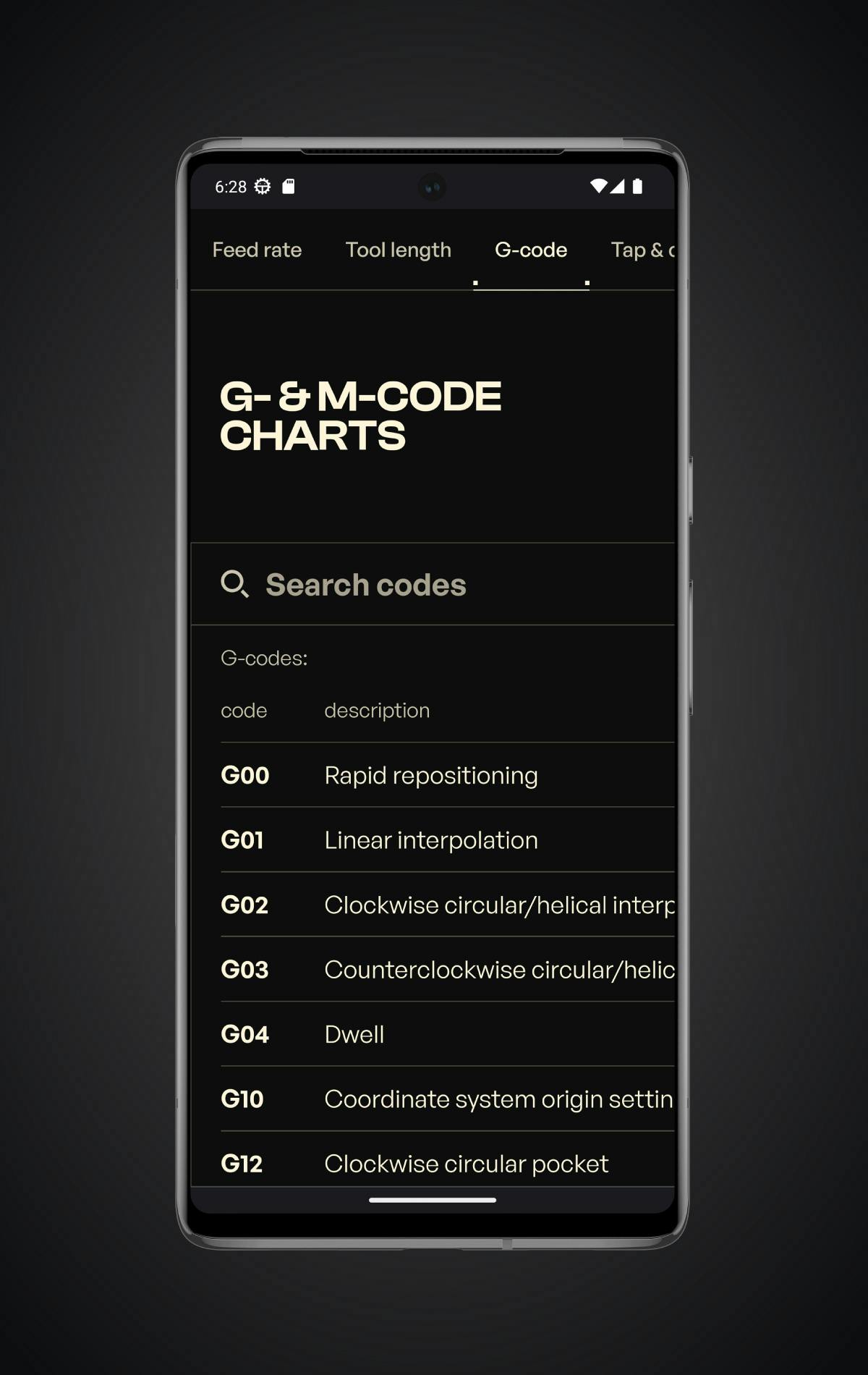 The G- and M-code charts page displayed on a Pixel 6 Pro in dark mode.
