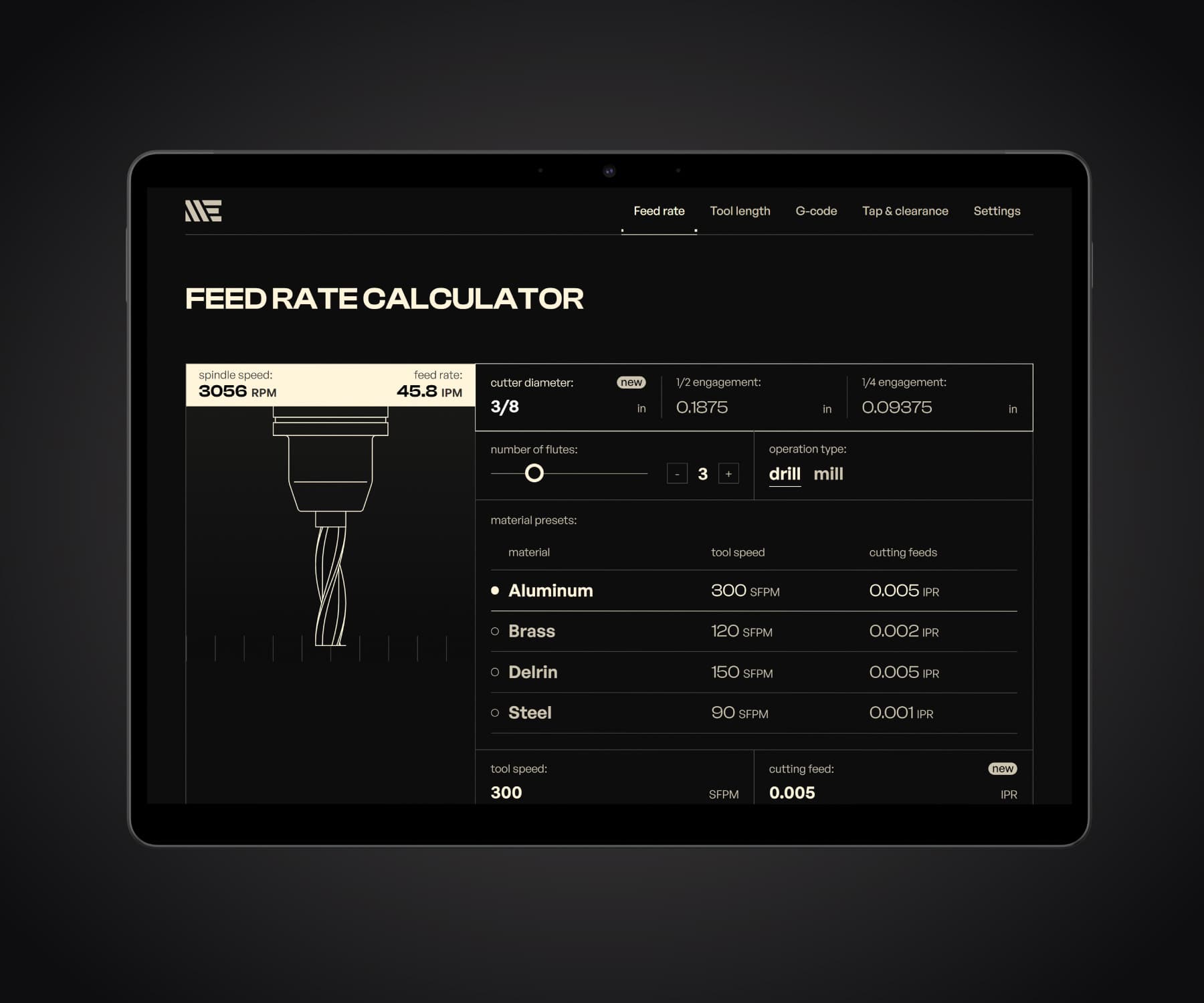 The feed rate calculator page displayed on a Surface Pro 8 in dark mode.