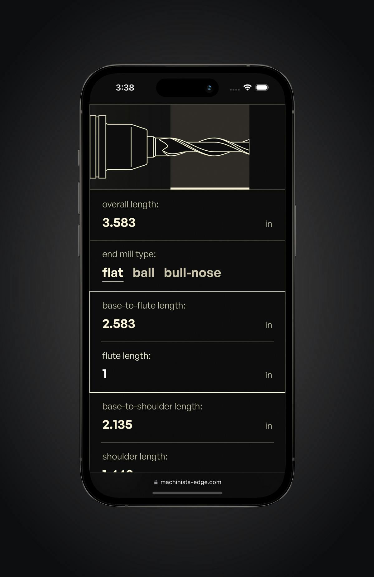 The tool length calculator page displayed on an iPhone 14 Pro in dark mode.