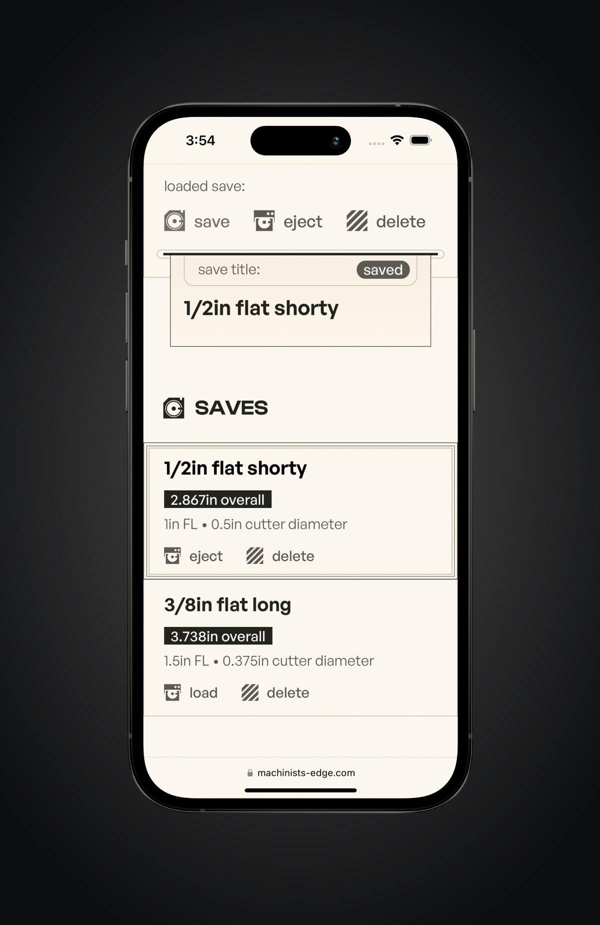 The save section of the tool length calculator page displayed on an iPhone 14 Pro in light mode.