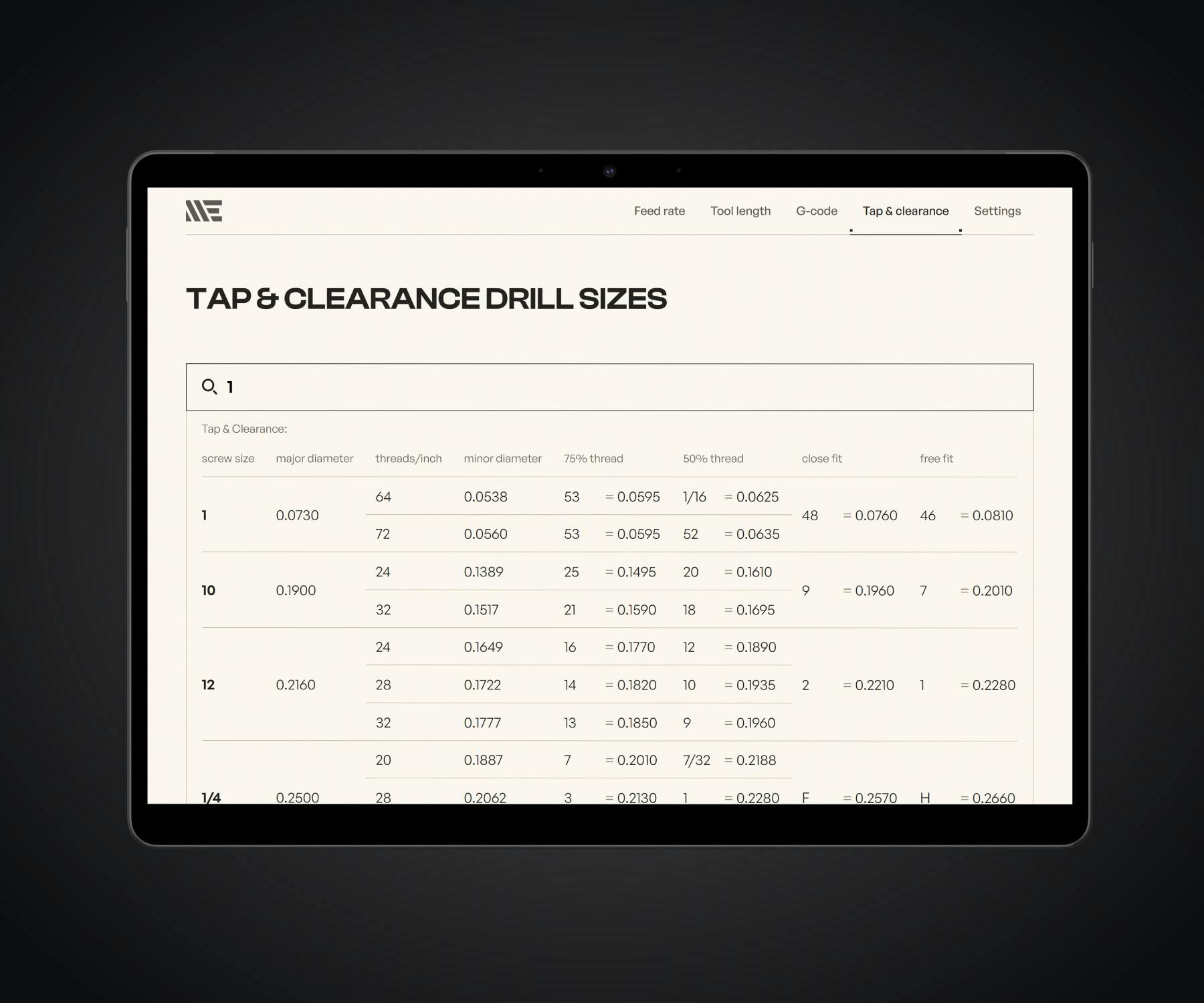 The tap and clearance drill sizes page displayed on a Surface Pro 8 in light mode.