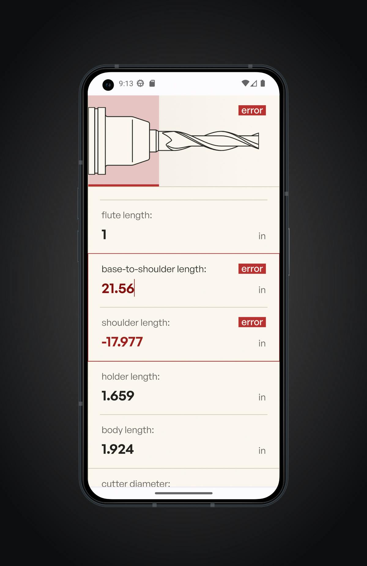 The tool length calculator page with a base-to-should length error displayed on a Nothing Phone (1) in light mode.