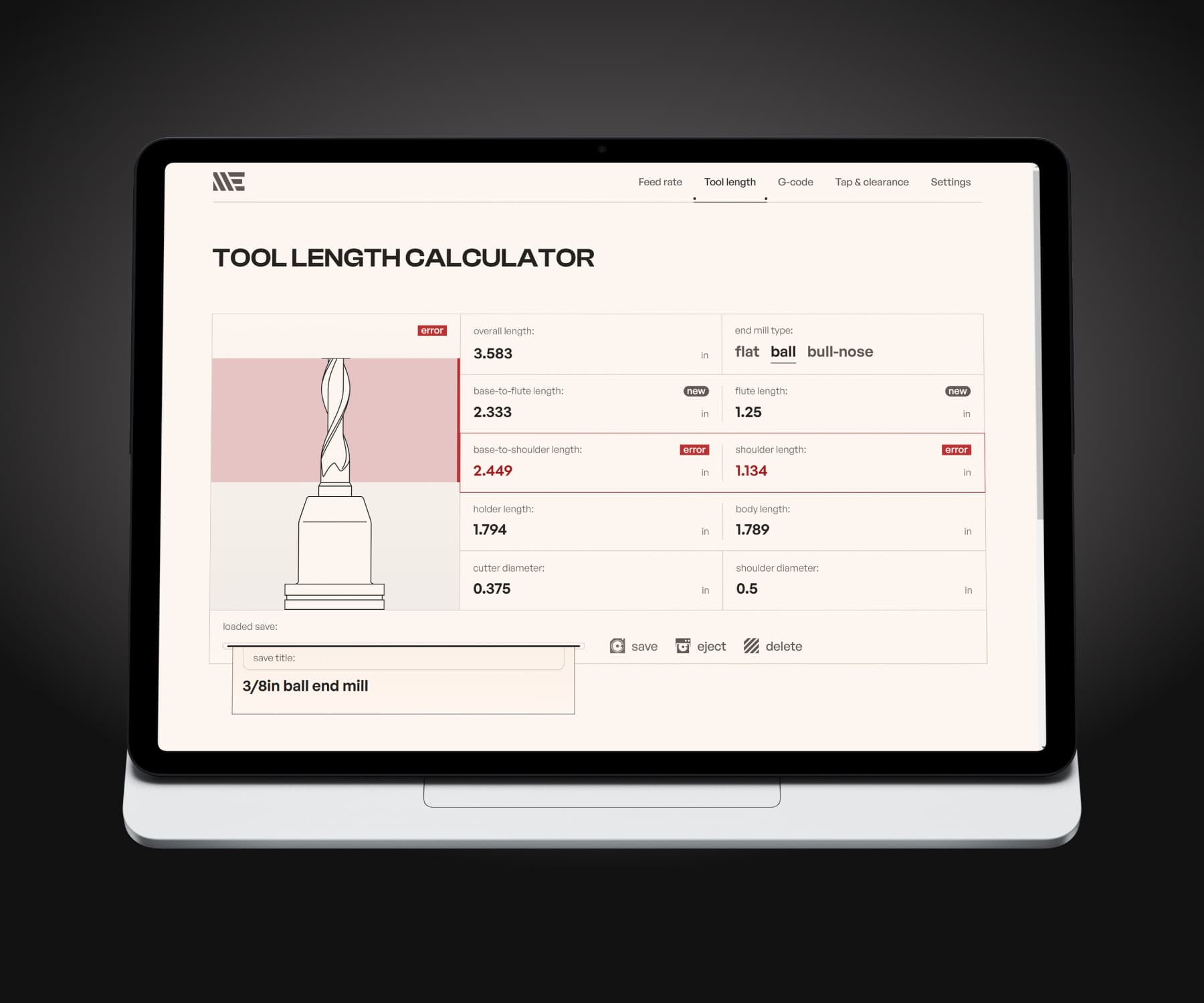 The tool length calculator page with a shoulder length error displayed on a Surface Pro 8 in light mode.