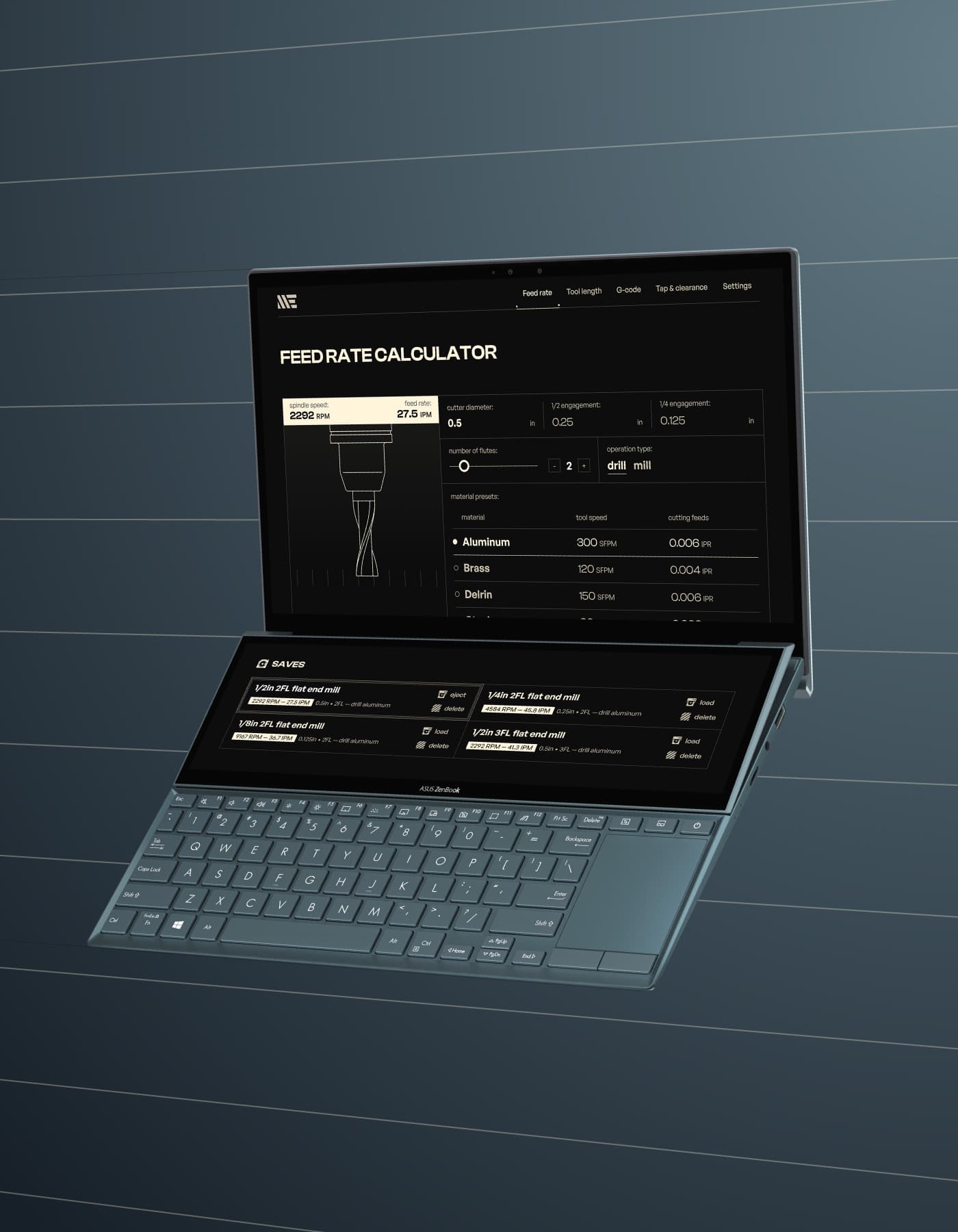 The Feed Rate Calculator page displayed on an Asus ZenBook Duo 14. The primary screen shows an illustration of an end mill next to some form input fields; the second screen shows four saves for different end mills.