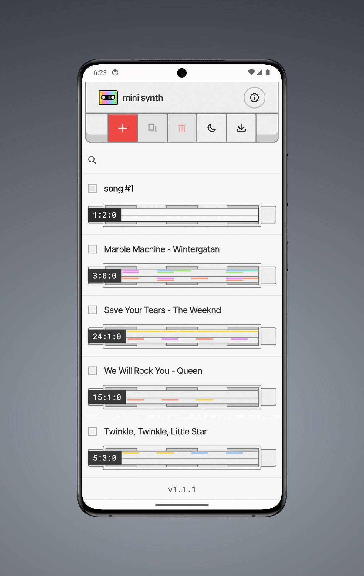 Mini Synth home page displaying a list of user-created songs. Each song is visualized as the tape seen through the bottom of a cassette tape.