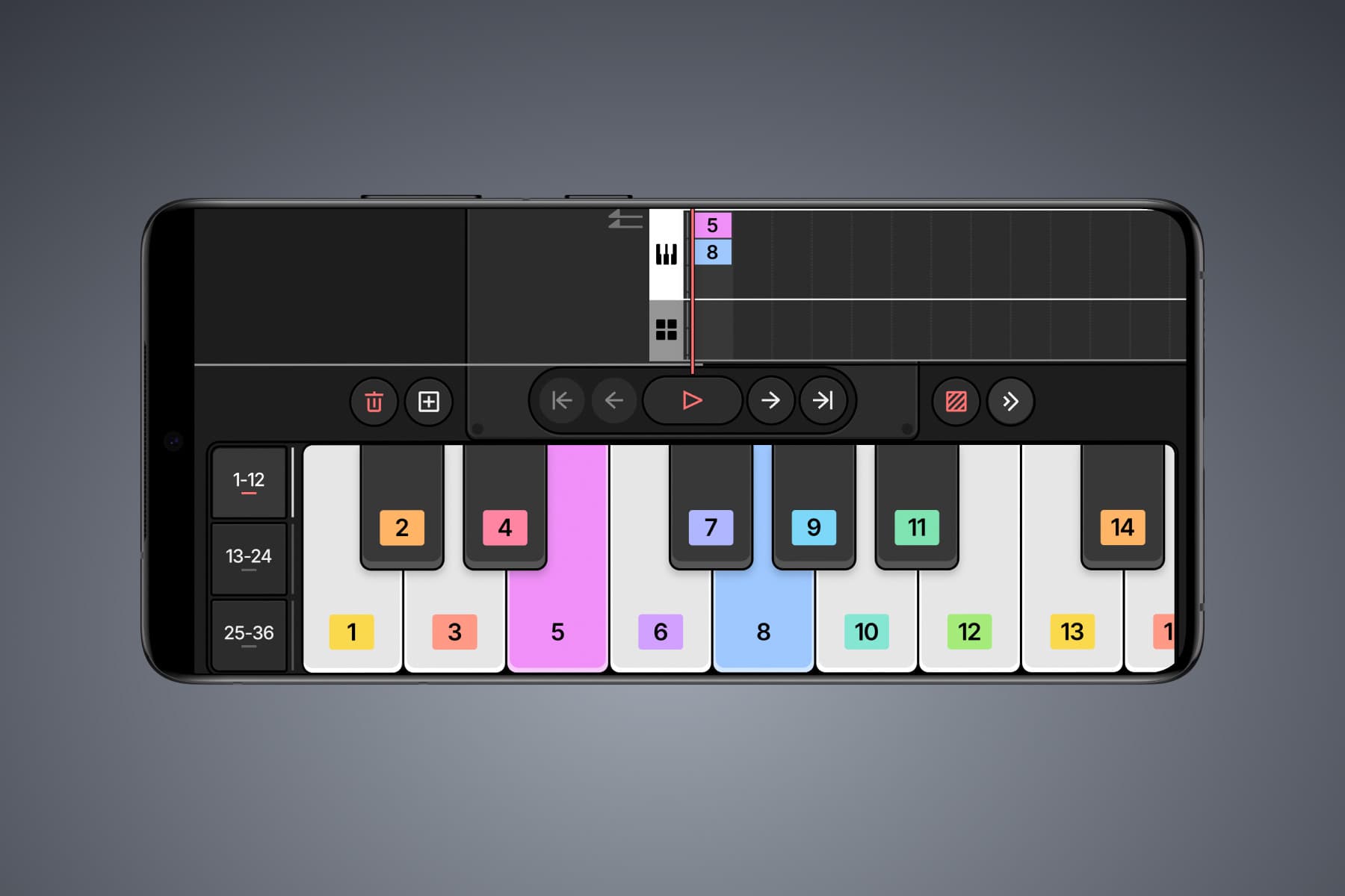 Mini Synth synthesizer and piano keyboard displayed horizontally. The keyboard spans the bottom half of the display and is styled to resemble a real keyboard.