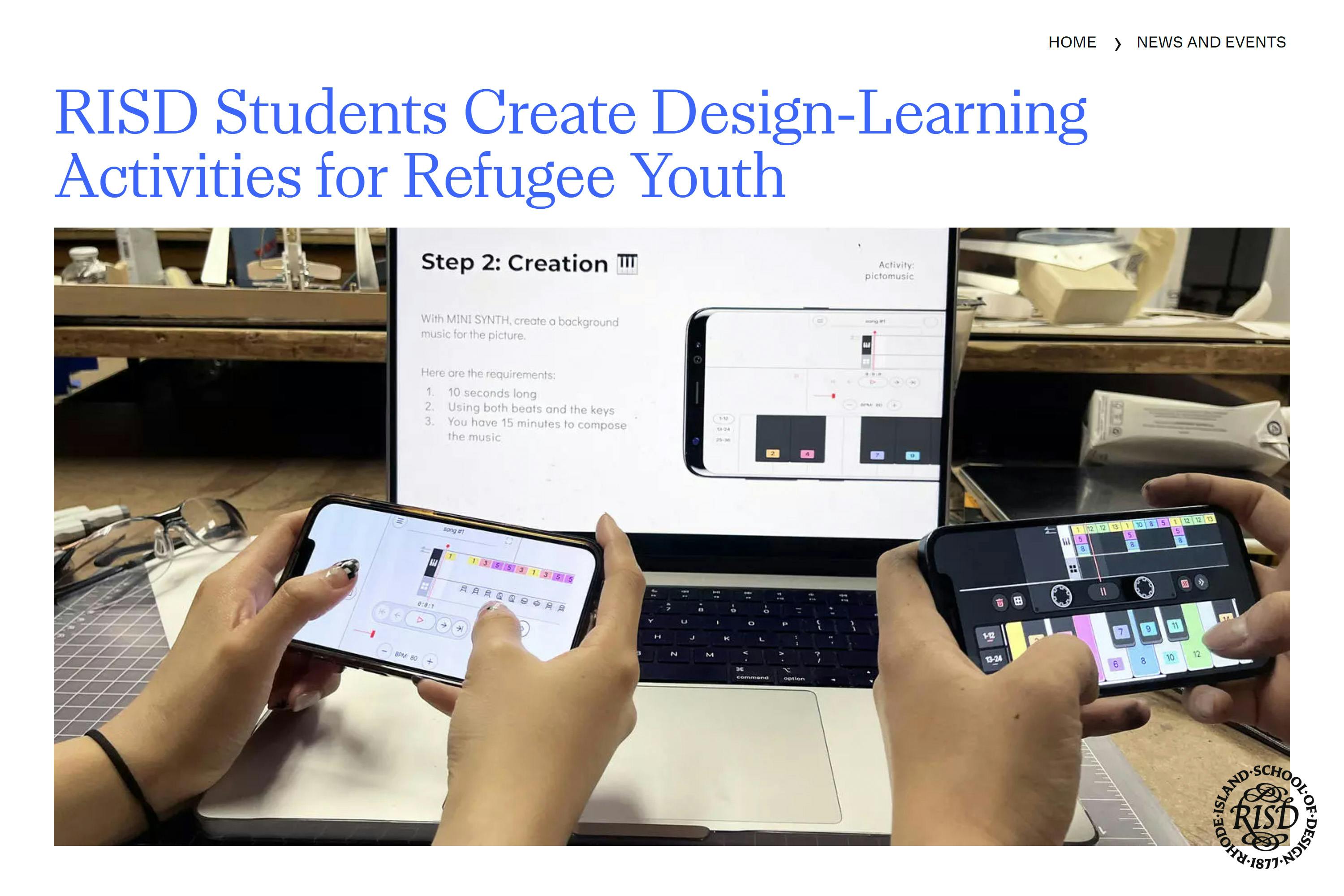 Screenshot of the RISD article titled “RISD Students Create Design-Learning Activities for Refugee Youth.” The page is filled with a large image showing two students interacting with Mini Synth.