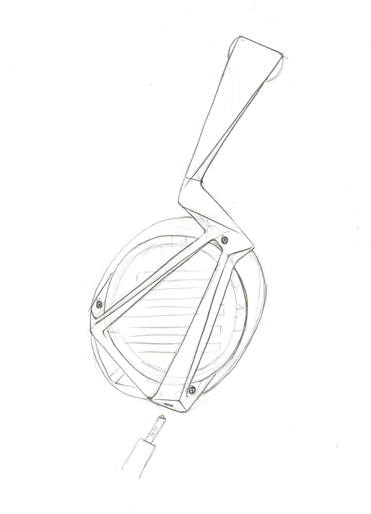 Line sketch of the side of the chosen design. The frame of the headphones is very minimal, with only two arms holding each driver unit in place.