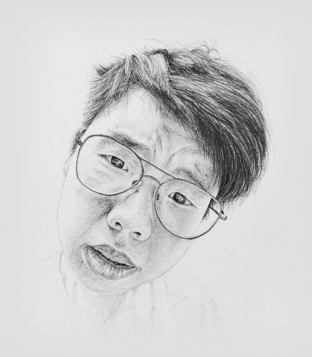 Graphite self-portrait. I’m an Asian male with short black hair wearing a pair of aviator-style glasses.