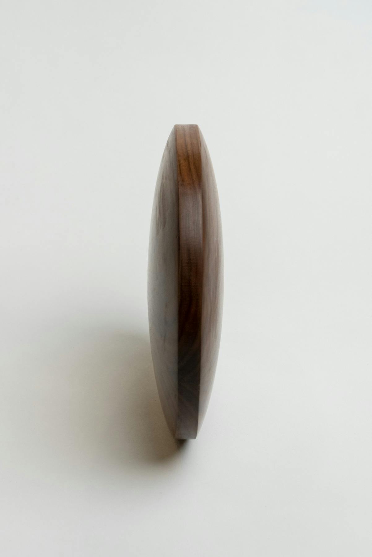 Side view of the walnut disc. This view emphasizes its thinness. The curves of the bulges on both sides also match perfectly.