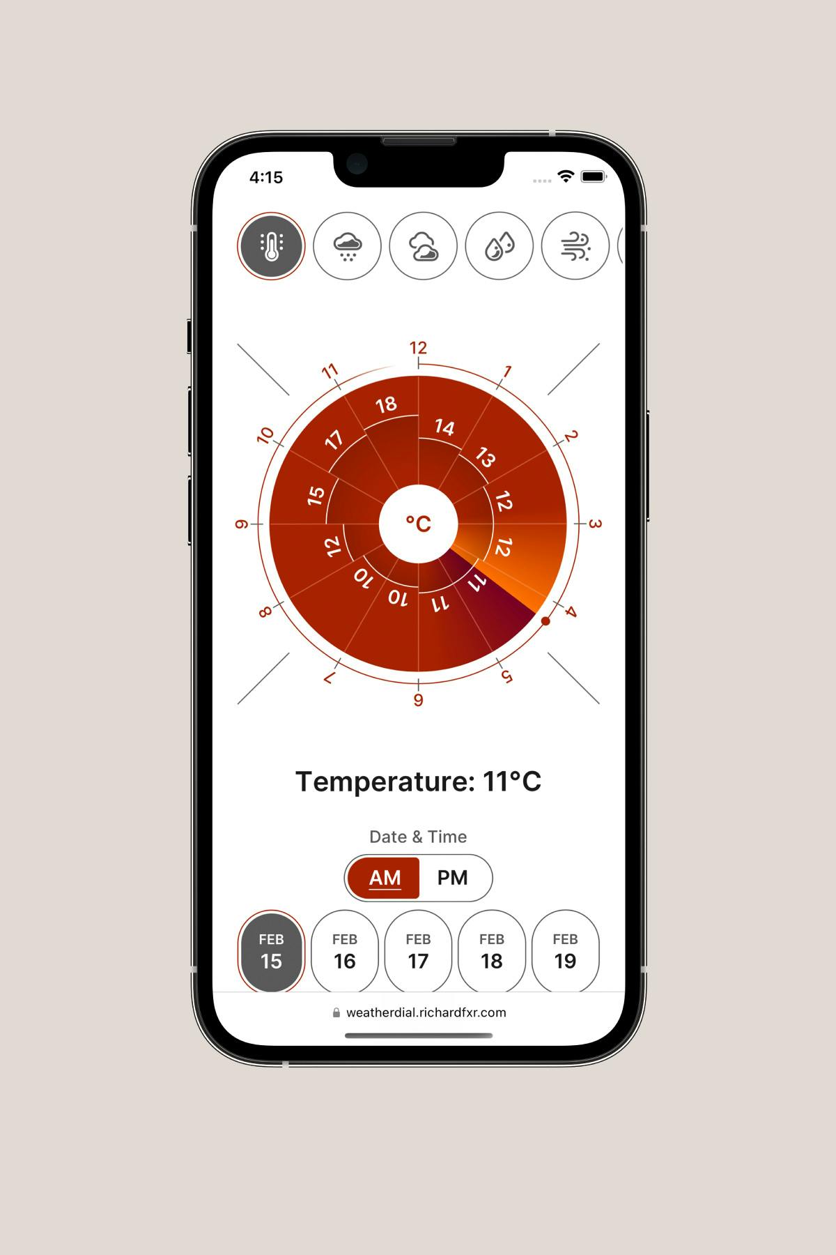 An iPhone 13 Pro displaying the temperature page in high-contrast light mode.