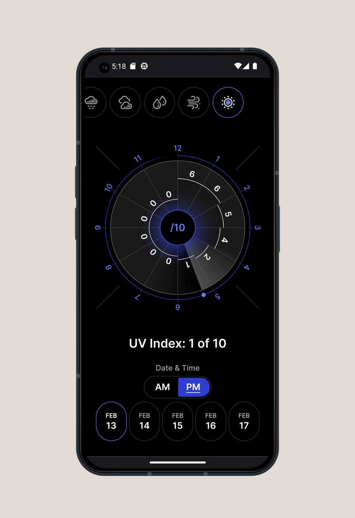 A Nothing Phone (1) displaying the UV index page in dark mode.