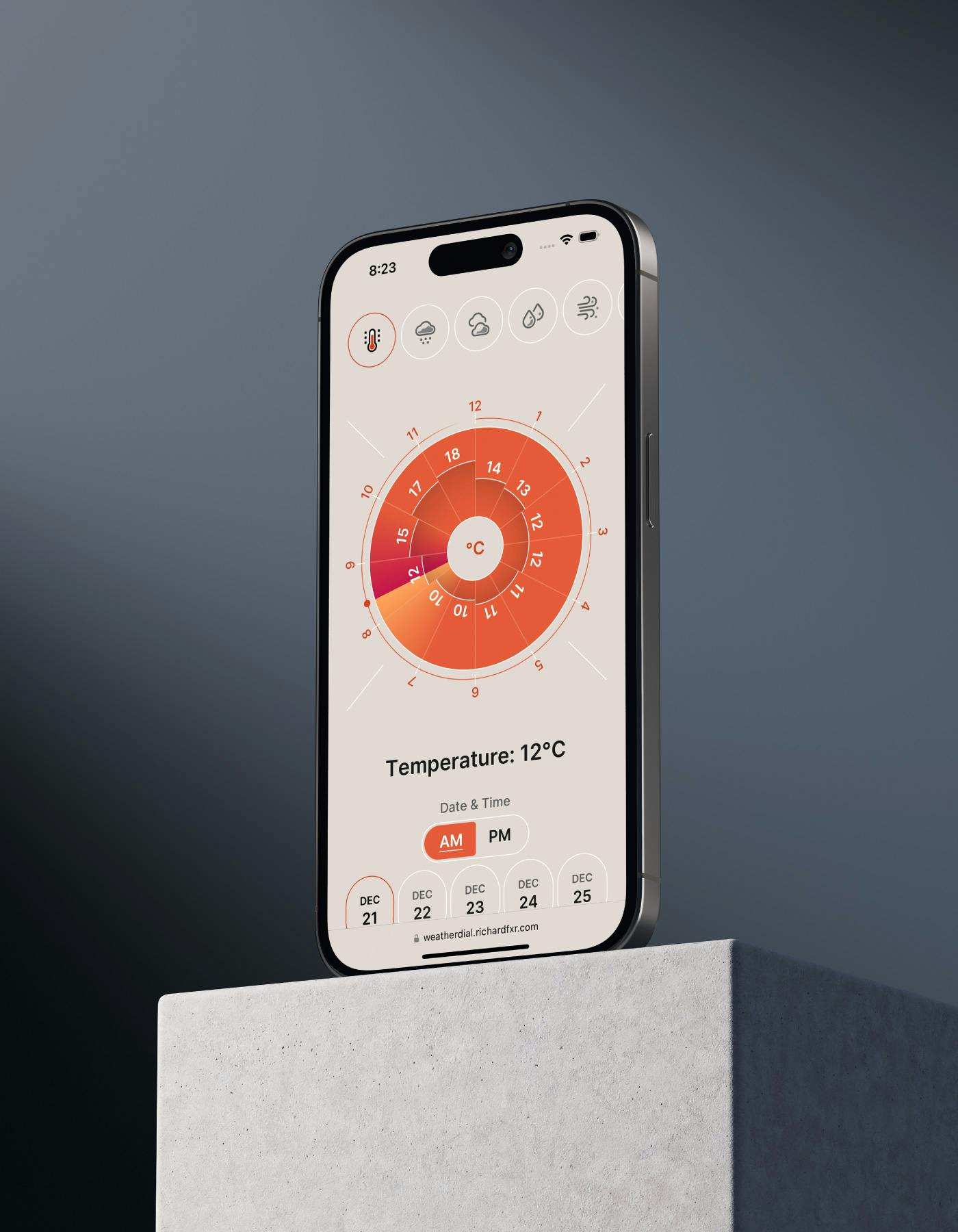 Weather Dial temperature page displayed on an iPhone 14 Pro. A list of navigation icons lines the top, while the main page is filled with an orange circular bar graph that denotes temperature changes throughout the day.