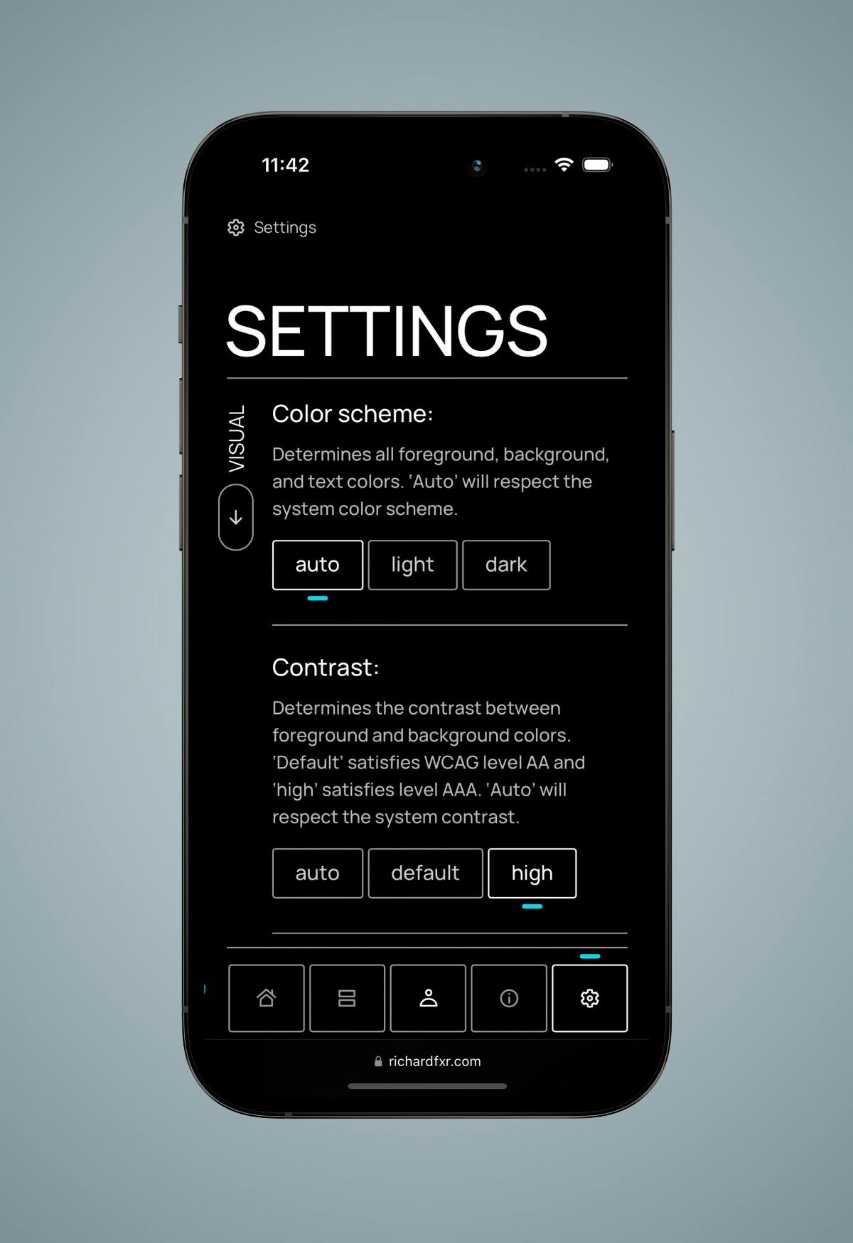 The settings page displayed on an iPhone 14 Pro with a dark hight-contrast theme and larger buttons.